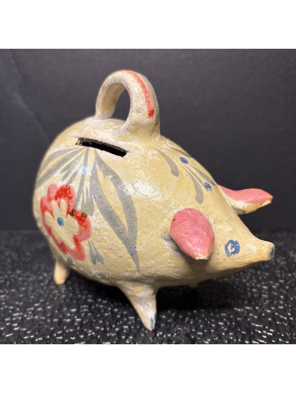 Vintage Mexican Clay Pottery Piggy Bank 1960 Hand Painted Unique Handle Folk Art